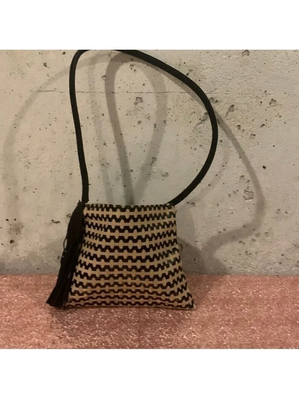 Vintage Reva Black and Tan Fabric Purse With Black Suede Strap and Tassel
